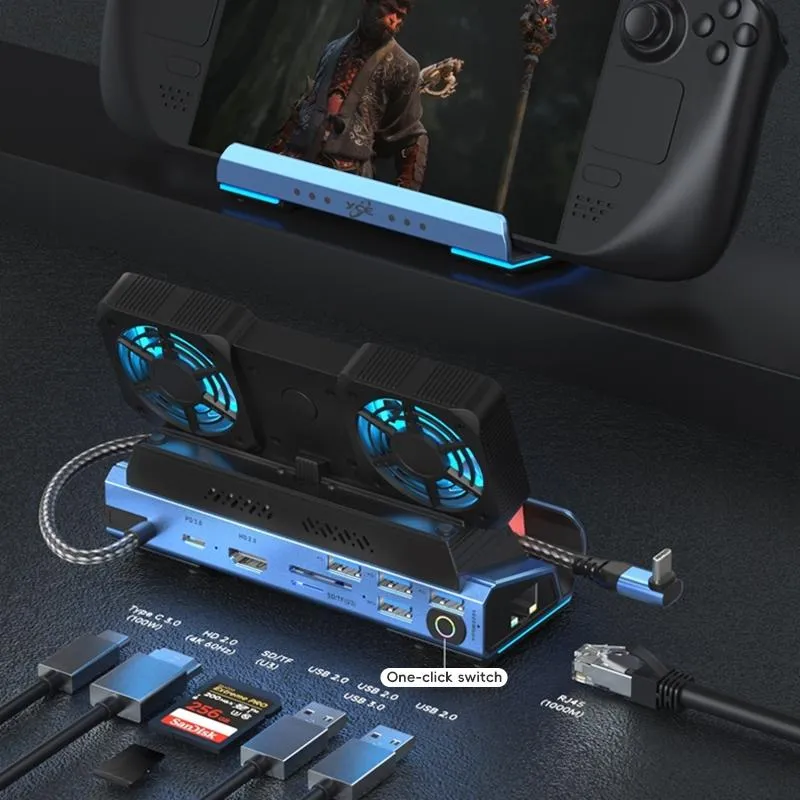 10-In-1 Usb-C Gaming Dock With Detachable Fan - Blue / Black