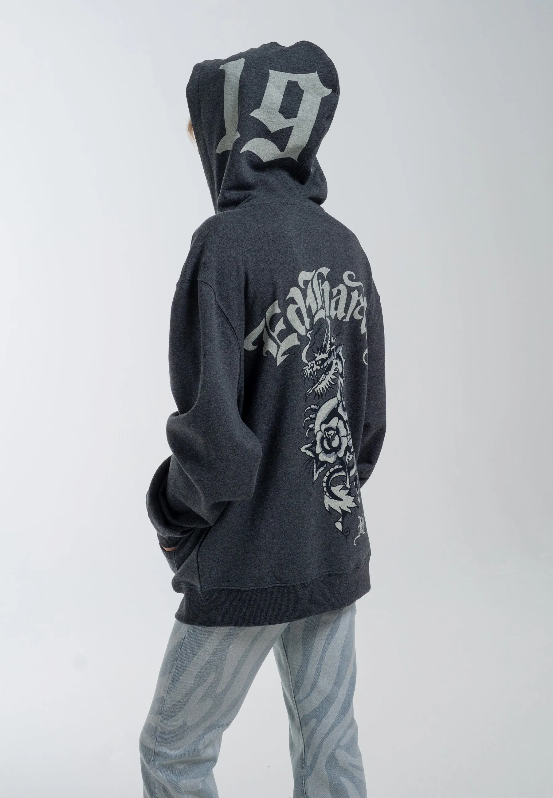Mens Dragon Rose Zip Through Hoodie - Charcoal Marl