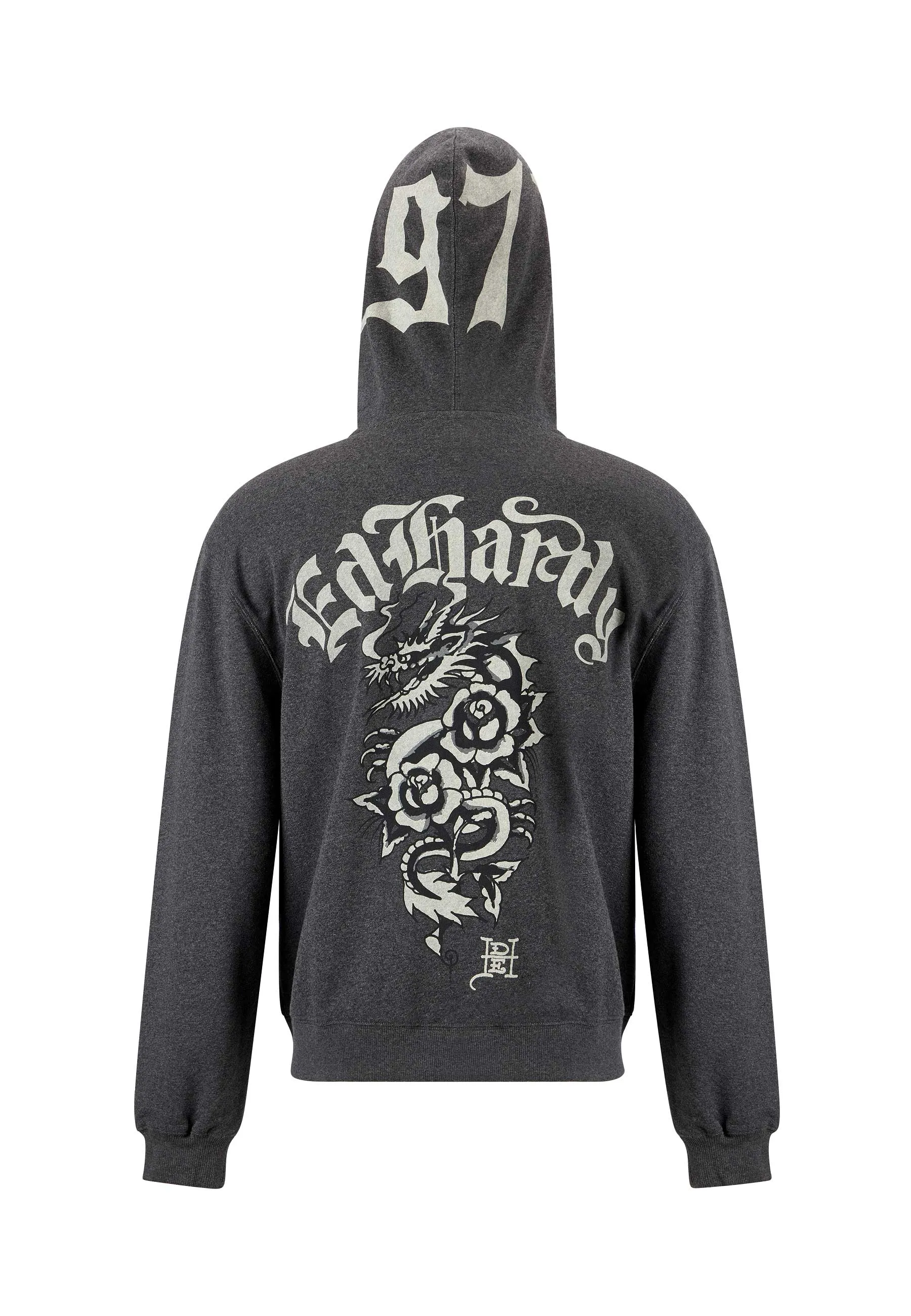Mens Dragon Rose Zip Through Hoodie - Charcoal Marl