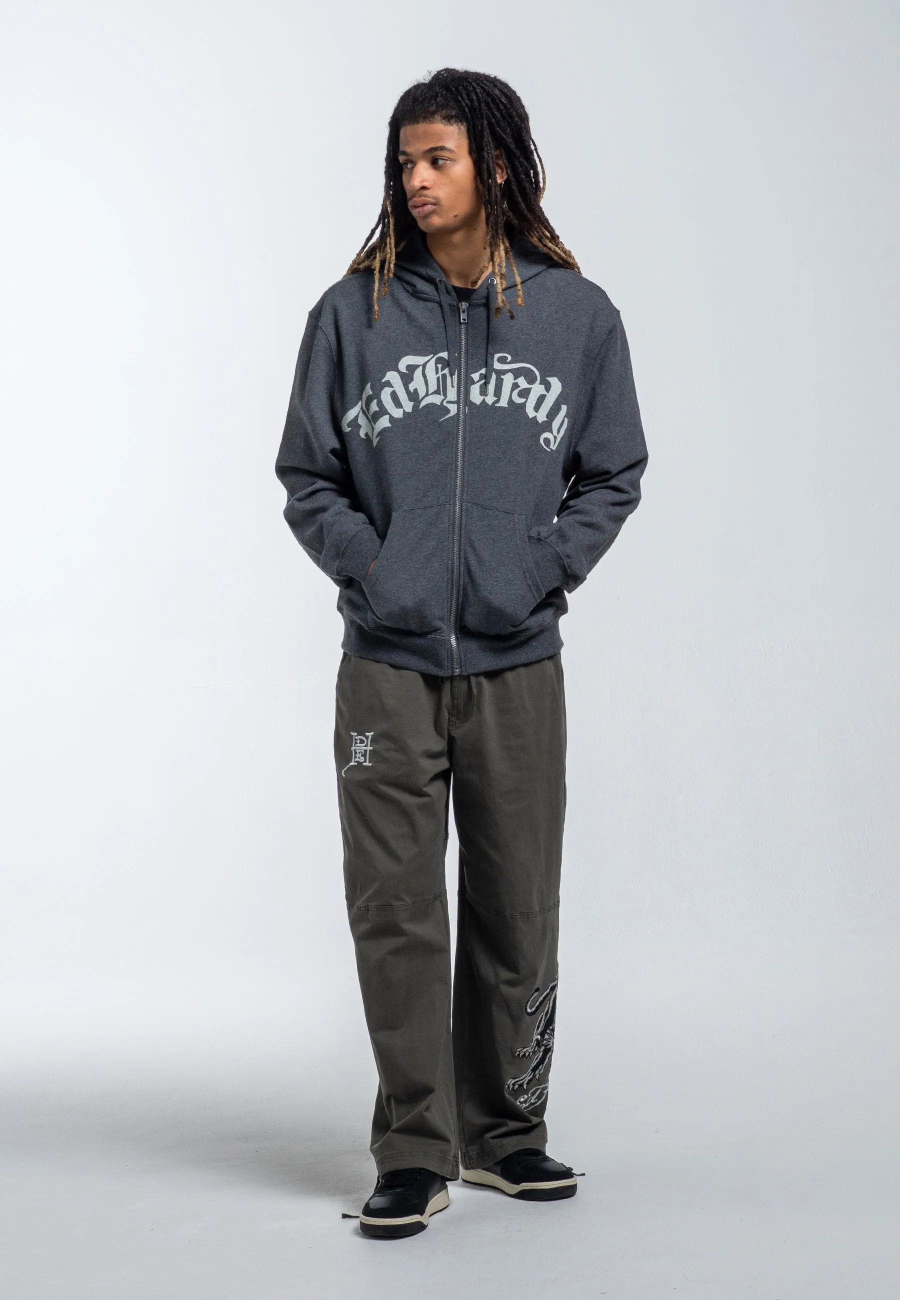 Mens Dragon Rose Zip Through Hoodie - Charcoal Marl