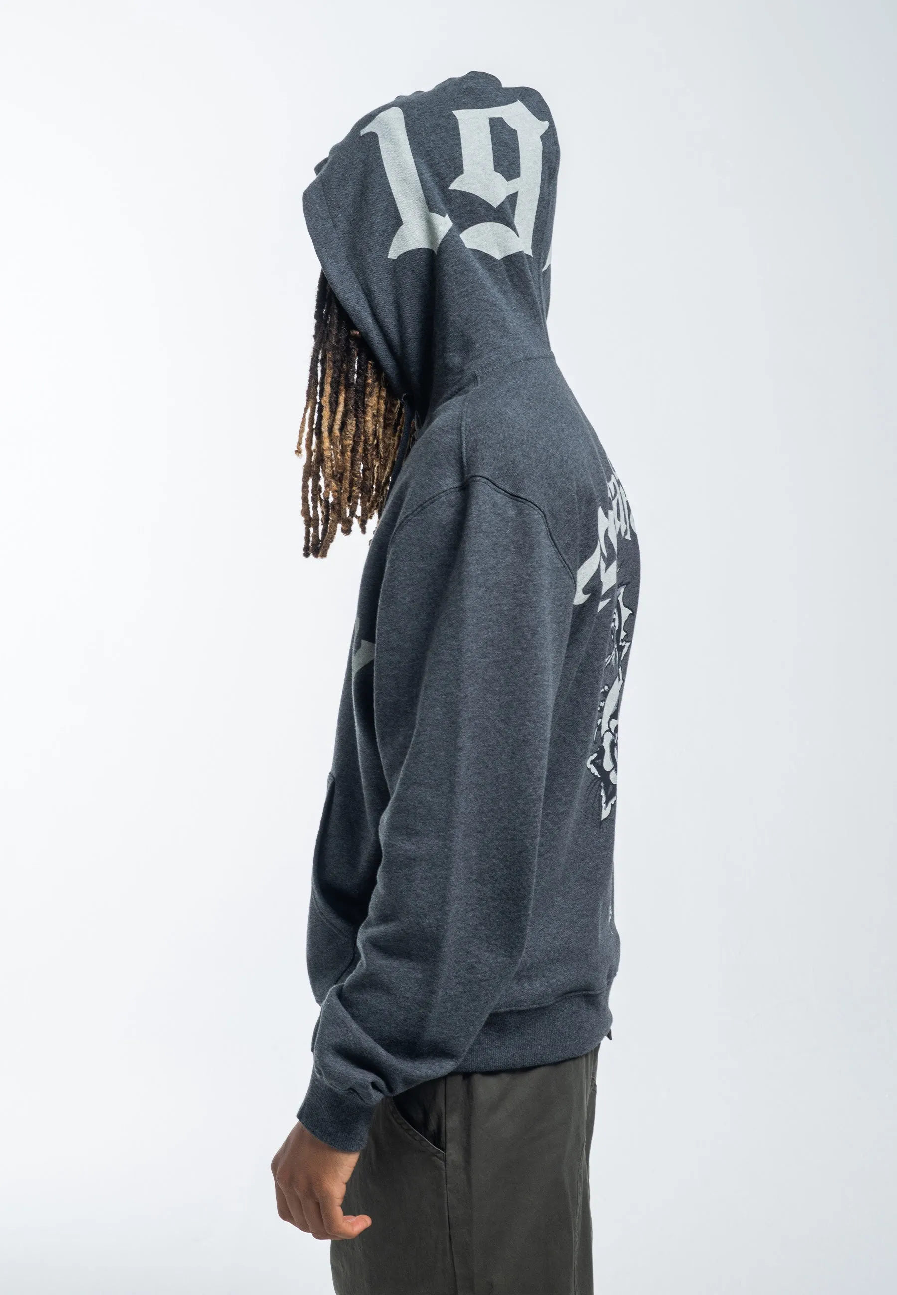 Mens Dragon Rose Zip Through Hoodie - Charcoal Marl