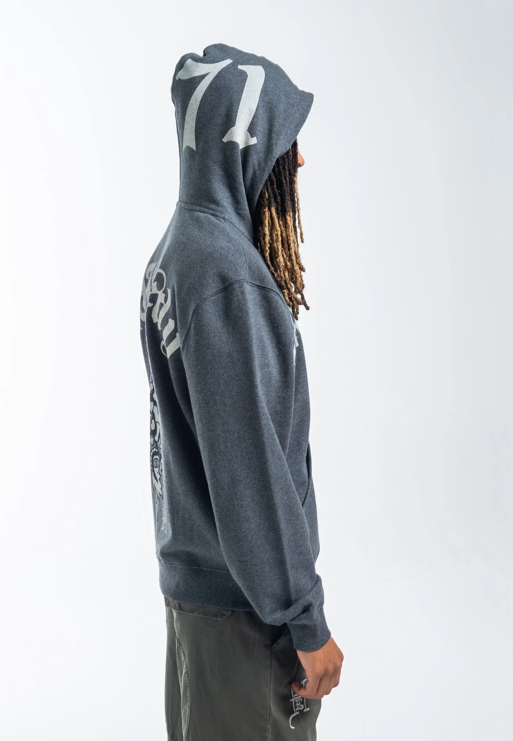 Mens Dragon Rose Zip Through Hoodie - Charcoal Marl
