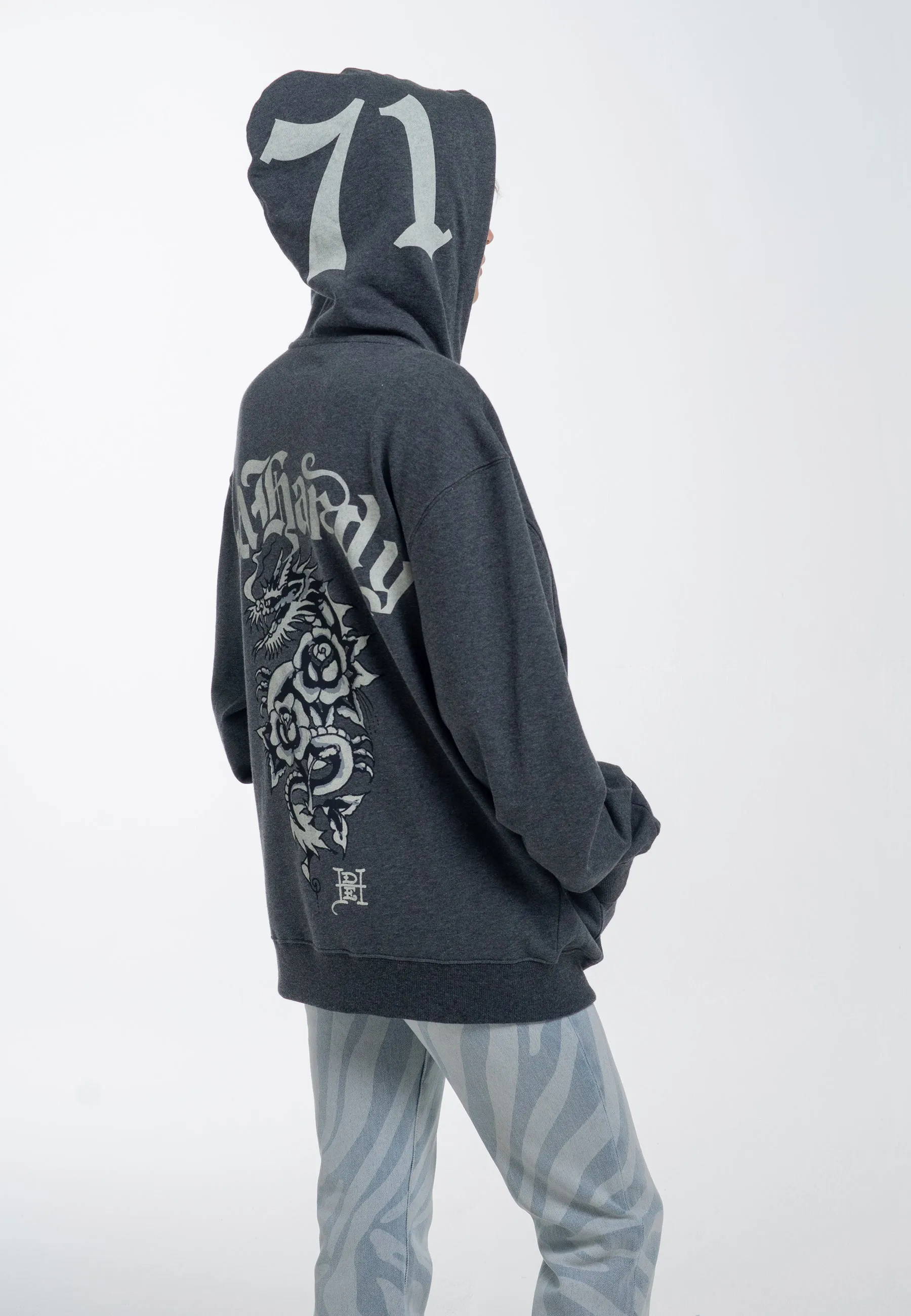 Mens Dragon Rose Zip Through Hoodie - Charcoal Marl
