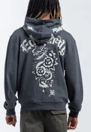 Mens Dragon Rose Zip Through Hoodie - Charcoal Marl