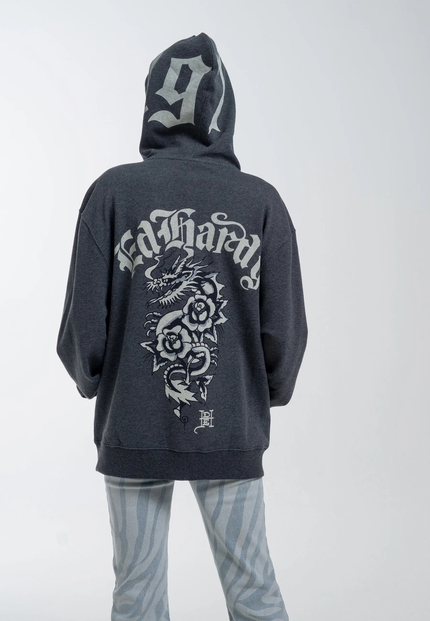 Mens Dragon Rose Zip Through Hoodie - Charcoal Marl