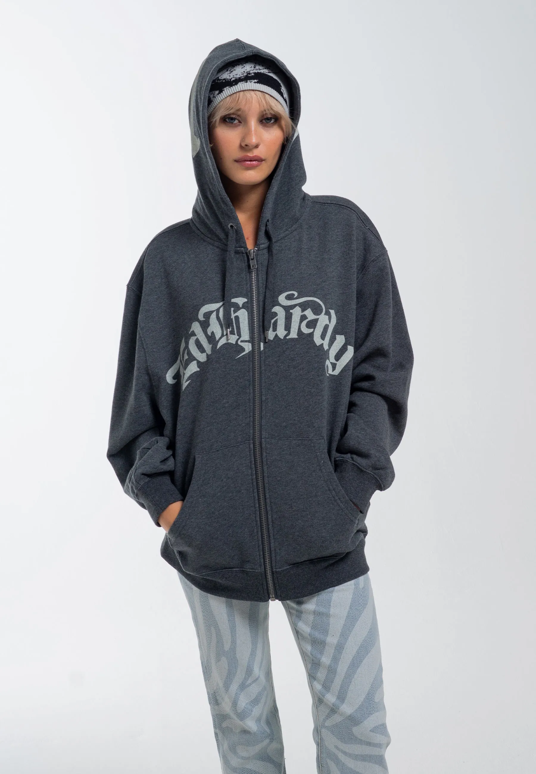 Mens Dragon Rose Zip Through Hoodie - Charcoal Marl